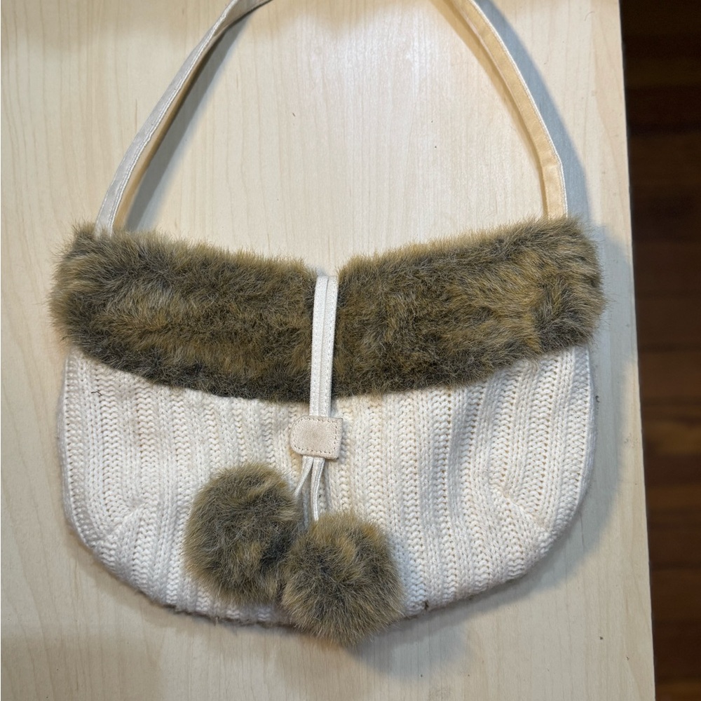 Cream and Brown Mini Bag with Fur Trim